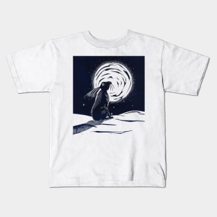 Moon Gazing Hare Linocut in blue and yellow Kids T-Shirt